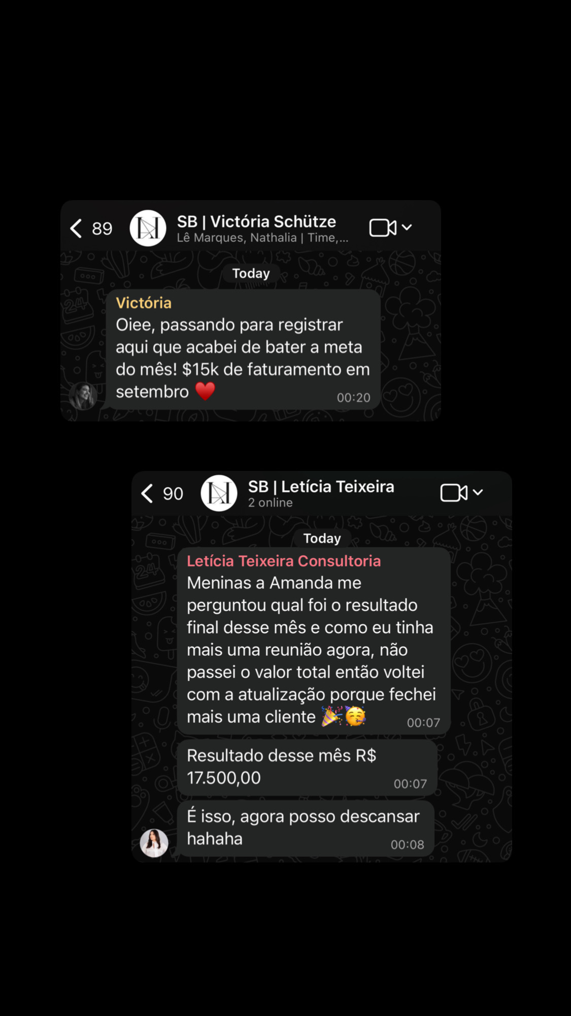 Prints de Victória Schütze ($15k em setembro) e Letícia Teixeira (R$ 17.500 no mês).